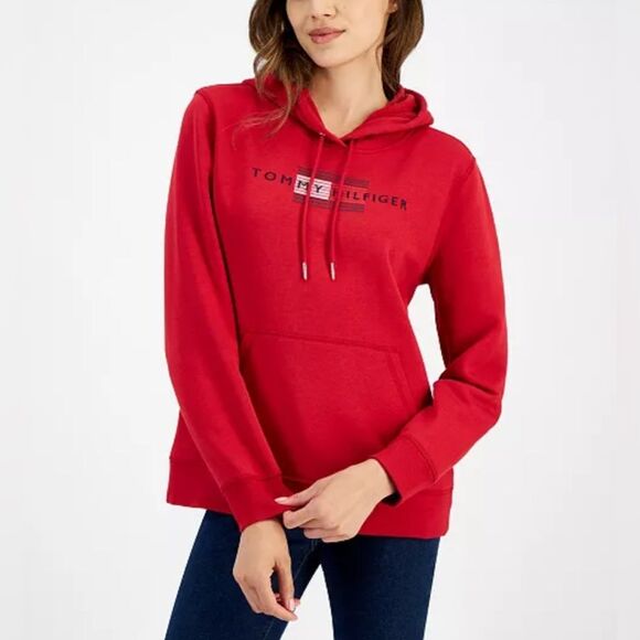 Tommy Hilfiger red logo graphics pullover hoodie size XS NWT - Picture 1 of 6